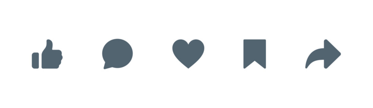 Like, comment, share icon buttons and Thumbs up and love heart flat icon , Social media notification icons. emoji post reactions - Add to favorite icon set. Vector illustration