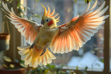 Obraz premium Colorful cockatiel mid-flight, wings spread wide at home. The room with natural light, neutral walls, a few hanging plants, a large window allowing sunlight, bird feathers highlighted beautifully.