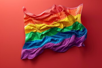 Wrinkled rainbow flag against a red background, symbolizing LGBTQ pride, resilience, and unity in a vibrant, artistic scene