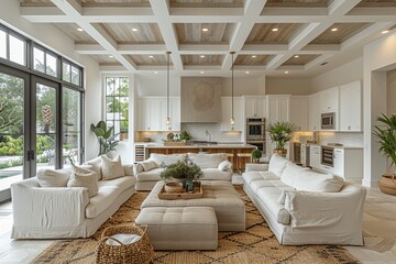 A light-filled living space with seamless transitions between the kitchen, dining, and lounge areas, creating an inviting open-concept layout