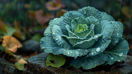 Fototapeta premium Cabbage Plant with Dew Drops. Close-up of a cabbage plant with fresh dew drops, highlighting the vibrant green leaves and natural beauty.