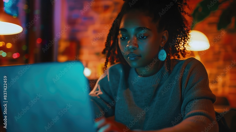 Aufkleber user interacting with a laptop to find information on smart open ai technology, with a focused expre