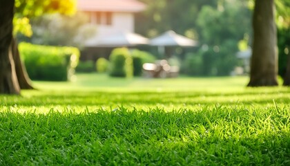 Obraz premium Green grass in the foreground, blurred garden background