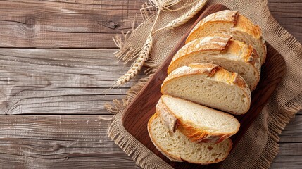 Traditional sourdough bread slices on a rustic wooden background, ready to be enjoyed