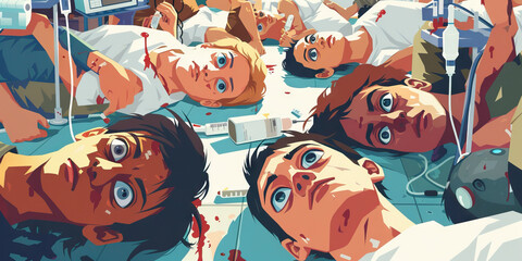 Overdose Awareness: A group of empty-eyed people, sprawled on the floor, surrounded by medical equipment