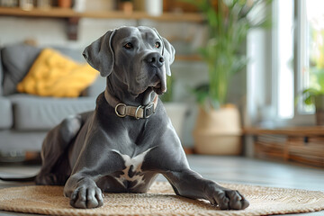 Majestic Great Dane chewing large bone at home in bright living room with neutral walls, light wooden floor, modern sofa, large window letting in sunlight, and the dog looking content and focused.