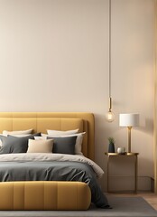 Luxury Bedroom in Light Beige and Ochre with Vertical Art Mockup and Modern Interior Design

