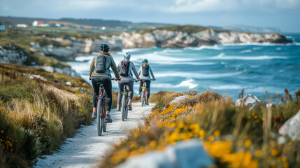 Group of cyclists riding on a scenic coastal path with wildflowers and ocean waves in the background
