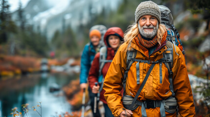 Fototapeta premium Group of senior hikers trekking through a scenic mountain trail during autumn
