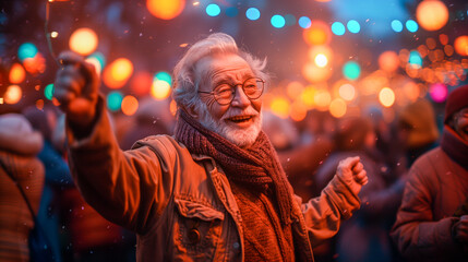 Obraz premium Joyful elderly man enjoying a festival with warm lights