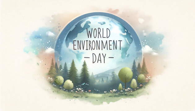 Watercolor illustration to celebrate World Environment Day. Poster of a forest and the planet Earth in the background. Design for the celebration of World Environment Day. Environmental protection