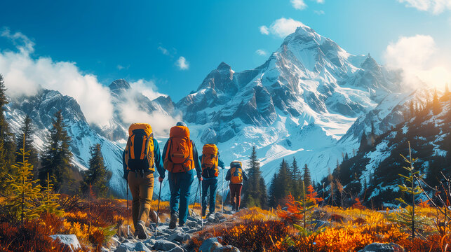 Hikers with backpacks trekking towards snow-capped mountains through vibrant autumn foliage under a clear blue sky