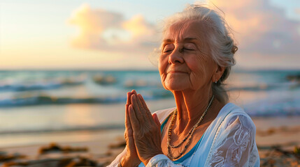Senior woman meditating with closed eyes and hands together on a beach at sunset, serene ocean backdrop