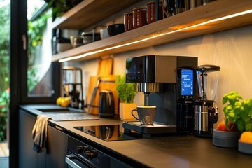 Modern kitchen featuring a high-tech coffee machine with digital display, ready to brew a fresh cup