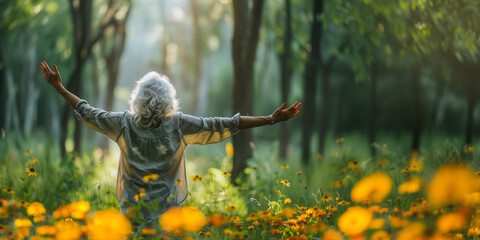 Serene senior woman enjoying nature with arms outstretched in a sunlit forest