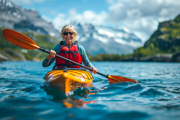 Smiling senior woman kayaking on a serene lake with mountain views in the background