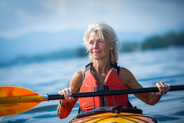 Smiling senior woman kayaking on a serene lake under a clear blue sky