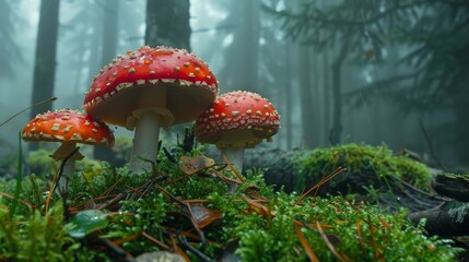 Magic fairytale big mushrooms in mist forest illustration wallpaper background