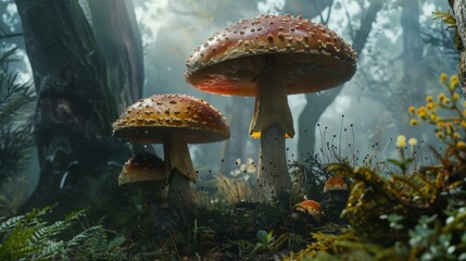 Fototapeta premium Magic fairytale big mushrooms in mist forest illustration wallpaper background