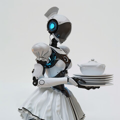 Maid Robot Carrying Dishes on White Background