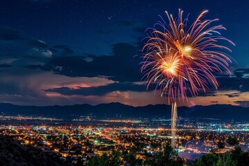  Fireworks over Albuquerque cityscape at night celebrating Independence Day with colorful explosions in the sky