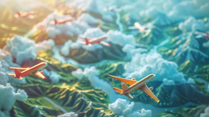 Multiple airplanes flying above clouds and mountains. Air travel and transportation concept. Aerial view.