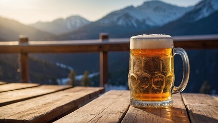 Frosty mug of beer on a wooden deck overlooking snow capped mountains at sunset