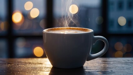 Fototapeta premium White cup of coffee on a window sill with a view of a serene morning sunrise
