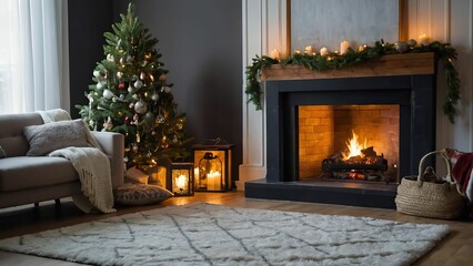 Fototapeta premium Cozy living room with a glowing fireplace and a plush rug, perfect for a festive holiday evening