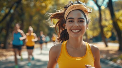 A happy healthy Latin American woman is jogging for exercise in the morning sunrise at park.