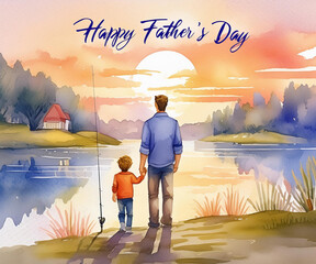 The illustration depicts a father and son standing on the shore of a river or lake, fishing rods at their sides. Concept: Celebrating Happy Father's Day.