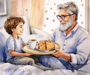 A child brings a tray of breakfast to their father's bed. The father sits smiling as the child offers a cup of coffee or tea, toast, and fruit. The concept, celebrate happy father