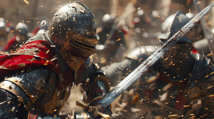 chaotic action shot of two armored knights clashing in battle, medieval warfare