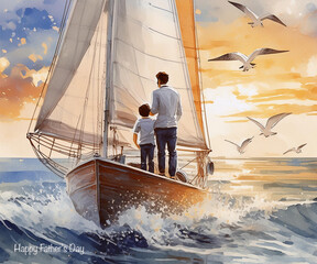 Father and son enjoy a sunset boat ride amidst warm colors, birds flying, celebrating Happy Father's Day