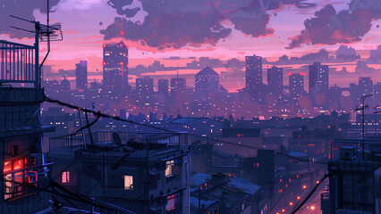8-Bit Twilight: Anime-Style Evening City Sky Background