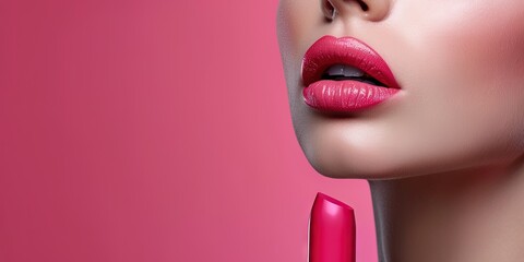 Makeup, beauty, and cosmetics concept - woman with pink lipstick