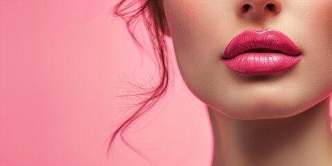 Makeup, beauty, and cosmetics concept - woman with pink lipstick