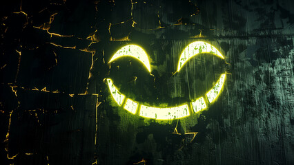 Glowing Grin: Neon Green Evil Face on Black Canvas