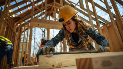 Trainee working on wood at a construction site.