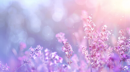 Fototapeta premium Beautiful soft blurred lilac purple tones against a background of sunlight are featured in this abstract floral spring-summer natural design border. Wild sunflowers growing in a grassland