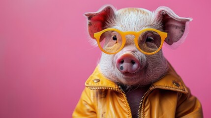 Stylish Pig in Yellow Sunglasses and Open Jacket Against a Vibrant Pink Background