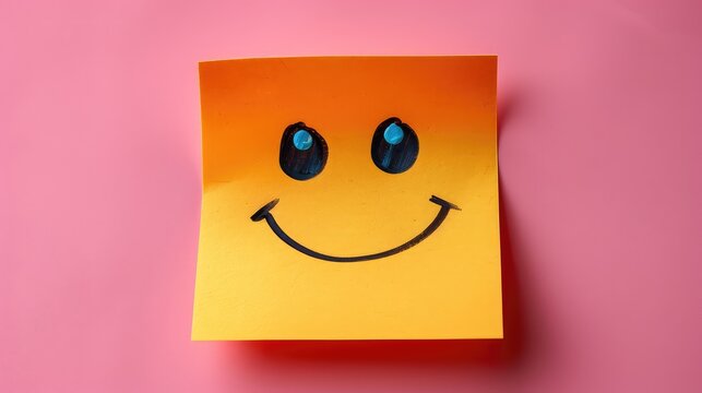 Spreading Joy: Top View of a Yellow Sticky Note with a Happy Emoji Illustration, Against a Solid Background