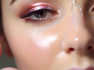 Fototapeta premium Woman Dropping Serum on Face. Women's Skin and beauty care, Girl Applying Serum Collagen Moisturizer from Pipette on Face close up. Positive Laughing Beauty Woman Portrait. Concept of Skin Care