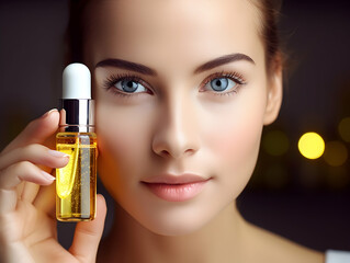 Fototapeta premium Woman Dropping Serum on Face. Women's Skin and beauty care, Girl Applying Serum Collagen Moisturizer from Pipette on Face close up. Positive Laughing Beauty Woman Portrait. Concept of Skin Care
