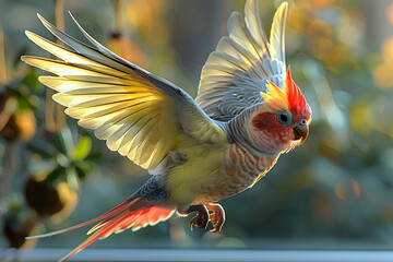 Colorful cockatiel mid-flight, wings spread wide at home. The room with natural light, neutral walls, a few hanging plants, a large window allowing sunlight, bird feathers highlighted beautifully.