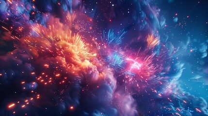 Capture a dynamic Fourth of July fireworks display aglow in the night sky Utilize vibrant colors to evoke a patriotic celebration in a digital painting