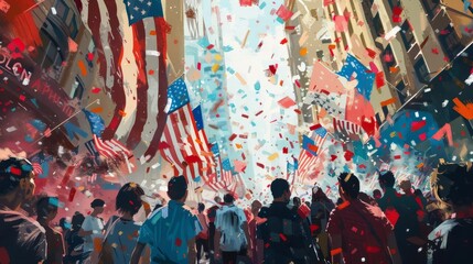 Fototapeta premium Capture a long shot of a joyful patriotic event with people celebrating amidst American flags in a digital painting
