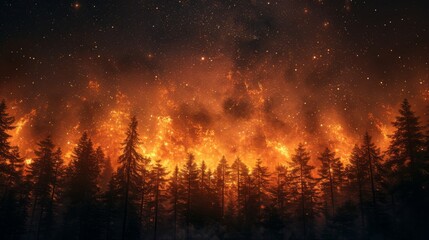 Fototapeta premium Forest fire with trees silhouetted against the night sky. Nature photography. Environmental disaster and wildfire concept.