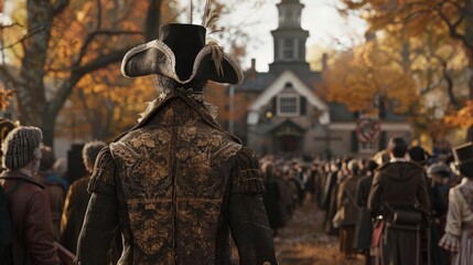 Craft a detailed rear view of individuals in colonial costumes, commemorating American history Emphasize the authenticity of the attire in a realistic digital illustration