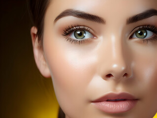 Fototapeta premium Woman Dropping Serum on Face. Women's Skin and beauty care, Girl Applying Serum Collagen Moisturizer from Pipette on Face close up. Positive Laughing Beauty Woman Portrait. Concept of Skin Care